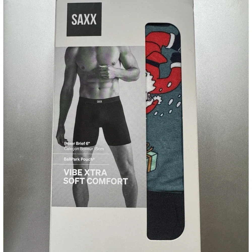 SAXX Vibe Xtra Soft Comfort Boxer Brief 6” Santa BallPark Pouch Fly Open XXL/TTG